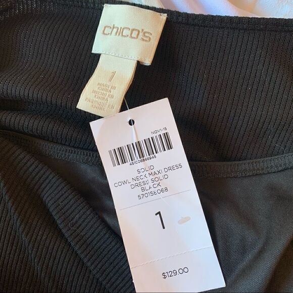 Black Maxi Dress Chicos Cowl Neck Side Slit Ribbed Blouson Size Small 8 10 NWT - Picture 9 of 11